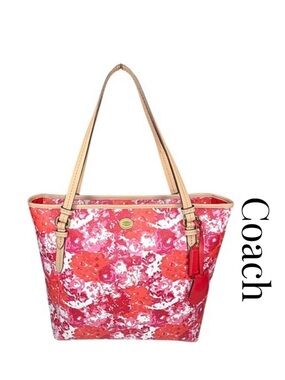 COACH Peyton Floral Zip Top Tote Bag F31242 Bright Coated Canvas Leather Straps